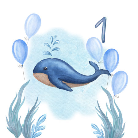 Watercolor card for children's birthdays isolated on white background. Hand painted illustration for greeting card, poster, background, postcard, for nursery, kids room decor.の写真素材