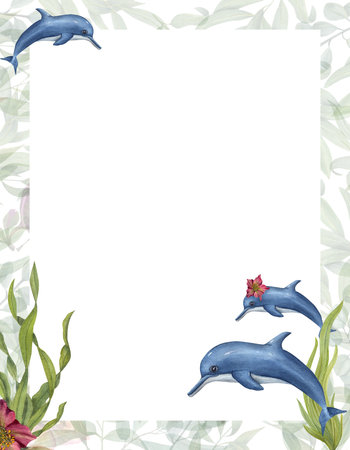 Watercolor card in cartoon style with dolphins and kelps isolated on white background. Hand painted illustration for postcard, kids party poster, invitation templateの写真素材