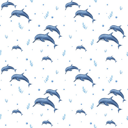 Watercolor underwater seamless pattern of cartoon dolphins isolated on white background. Aquatic illustration for kids room decor, kids print, poster, wallpaper, wrappingの写真素材