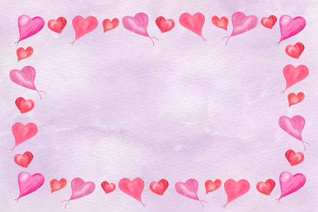 Watercolor celebration template with hearts isolated on pink background. Illustration in pink colors for greeting, birthday card design, invitation template, party decorationの写真素材