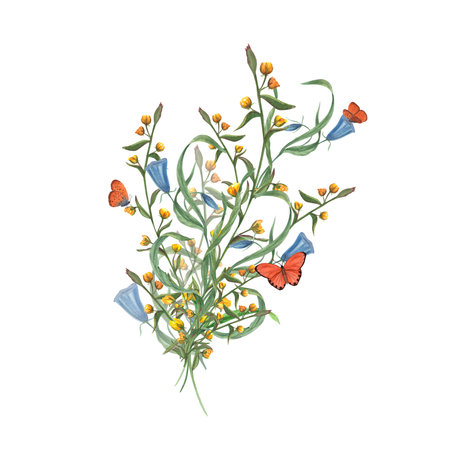 Bouquet of wild flowers and fluttering butterflies isolated on white background. Celebration watercolor plant illustration for greeting card, invitation templates, birthday cardsの写真素材