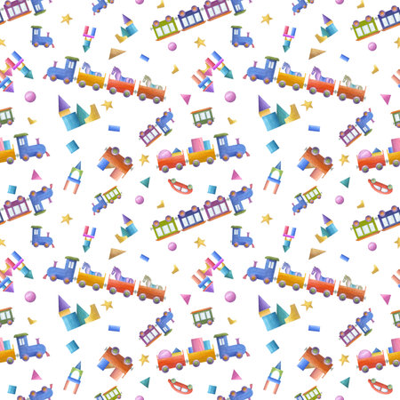 Watercolor seamless pattern of kid wooden toys isolated on white background. Illustration with trains, bricks, towers for children print, poster, dÃ©cor, wallpaper, wrapping, fabricの写真素材
