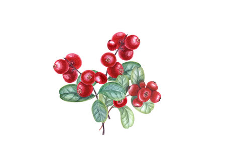 Ripe juicy red cranberries on branches with leaves on white background. Watercolor illustration for the design of invitation, patterns, cards, package design, advertising postersの写真素材