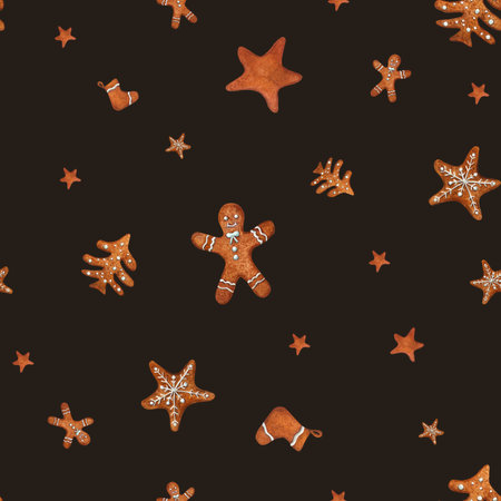 Seamless pattern of watercolor Christmas gingerbread cookies isolated on black background. Illustration of gingerbread man, sock star, spruce for room decor, print, textile design.の写真素材