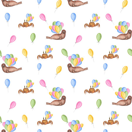 Cartoon crabs, seals with multicolored balloons. Watercolor cute seamless pattern isolated on white. Aquatic illustration for kids room decor, kids print, poster, wrappingの写真素材