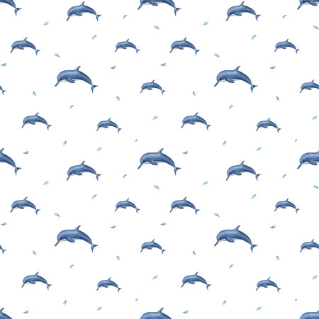 Watercolor underwater seamless pattern of swimming dolphins. Illustration isolated on white background. Simple print for design, background, menus, fabric, textile, wrapping.の写真素材
