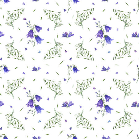 Ornament with bluebells and wild oats. Watercolor seamless pattern isolated on white. For greeting card design, background, prints, scrapbooking, fabric, textile, wrapping.の写真素材