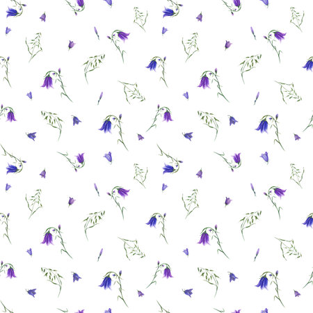 Bluebells, wild oats isolated on white. Floral seamless pattern with blooming campanula. Watercolor illustration for poster, scrapbooking, invitations, prints, textile, wrapping.の写真素材