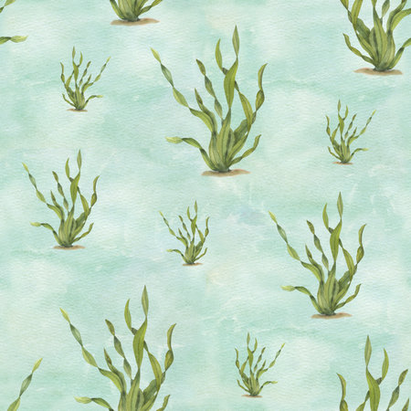 Seamless pattern with seaweed on gentle green background. Green algae. Hand painted watercolor illustration with fresh kelps. Underwater grass. For textile, print, wrappingの写真素材