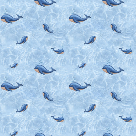 Seamless pattern with swimming whales on blue. Sperm whale breathe producing water splashes. Background with soft watercolor stains. For textile, print, wrapping. cartoon style.の写真素材