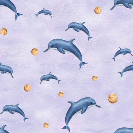 Jumping dolphins playing with ball. Seamless pattern with sea animals. Watercolor illustration on lilac background. Flock of dolphins. For textile, print, wrapping. cartoon style.の写真素材
