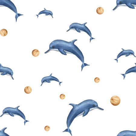 Jumping dolphins playing with ball. Seamless pattern with sea animals. Watercolor illustration on white background. Flock of dolphins. For textile, print, wrapping. Cartoon style.の写真素材