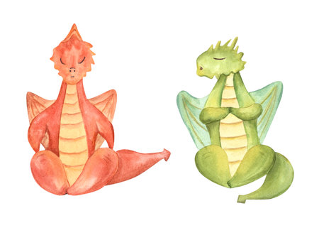 Set of stylish cartoon Dragons sitting in lotus pose. Dinosaur meditation. Colored Dragons practicing fitness exercises. Watercolor illustration isolated on white background.の写真素材
