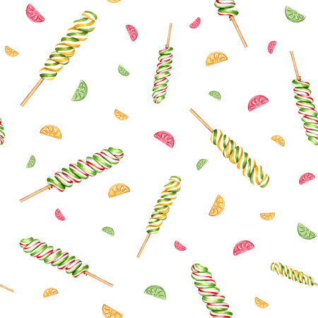 Seamless pattern of spiral lollipops, fruit candies. Bonbons, striped swirls, sugar caramel on...