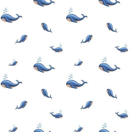 Seamless pattern swimming blue whales. Sperm whale breathe producing water splashes. Background with soft watercolor stains. For textile, print, wrapping. Cartoon style.の写真素材