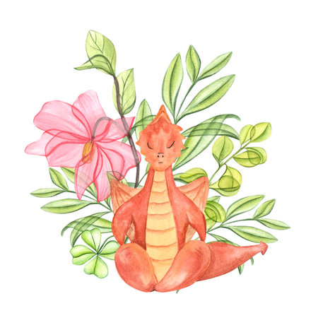 Orange dragon meditating among plants. Blooming magnolia branch, herbs, green young leaves. Dragon sitting in lotus pose, practicing fitness exercises. Watercolor illustrationの写真素材