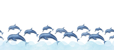 Flock of swimming dolphins in cartoon style with abstract waves. Seamless banner of jumping sea animals. Watercolor illustration with porpoise. For print, banner, wrapping, posterの写真素材