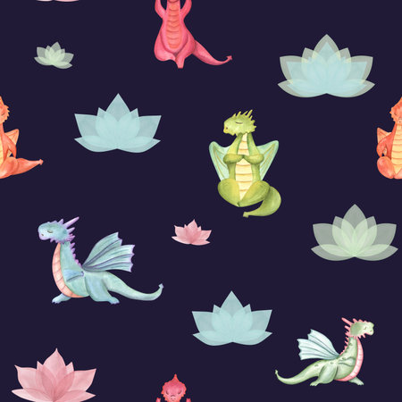 Seamless pattern of colored Dragons in various poses of yoga. Abstract waterlily. Watercolor illustration isolated on dark blue background.の写真素材