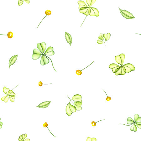 Spring seamless pattern with yellow flowers and green clover leaves. Plants in transparent style. Watercolor illustration. For Valentines day, mothers day textile, packageの写真素材