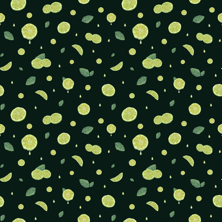 Seamless pattern of fresh lime slices, green mint leaves. Botanical watercolor illustration of...