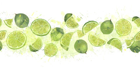 Juicy ripe lime slices with splashes citrus juice. Watercolor summer botanical illustration....