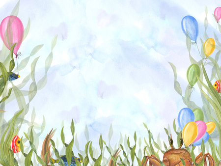 Greeting card in marine style for children's birthdays. Balloons, fish, crab and weeds. Algae, kelps. Watercolor illustration for greeting card, poster, background, postcardの写真素材