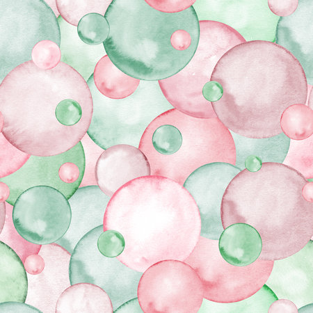 Abstract seamless pattern. Small and big polka dots. Pastel pink and green trendy colors. Circle, confetti. Splashes, bubbles, round doodle spots. Watercolor backgroundの写真素材