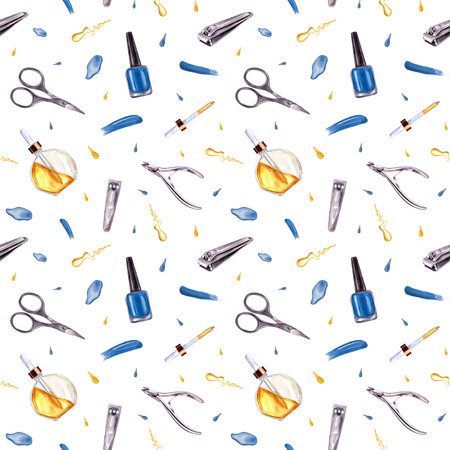 Manicure instruments with splashes. Nail blue polish, trimmer, cuticle scissors, clippers. Glass Vial with cosmetic oil. Seamless pattern. Watercolor illustration for packageの写真素材