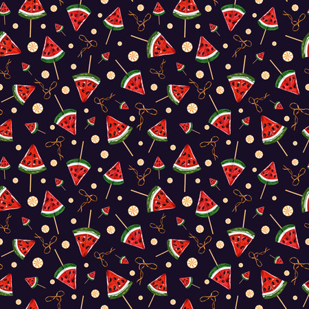 Caramel watermelon slices with chocolate seeds. Round yellow candies, golden ribbons. Fruit candy on stick. Seamless pattern. Watercolor illustration on black backgroundの写真素材