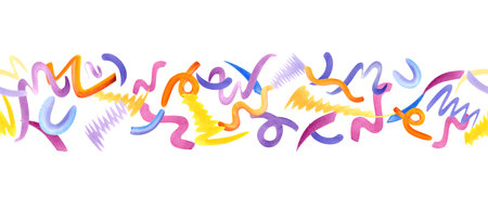 Confetti seamless banner. Multicolored squiggle. Simple shapes of brush strokes. Curls design. Kid scribble for birthday package. Watercolor illustration of cute flying squigglesの写真素材