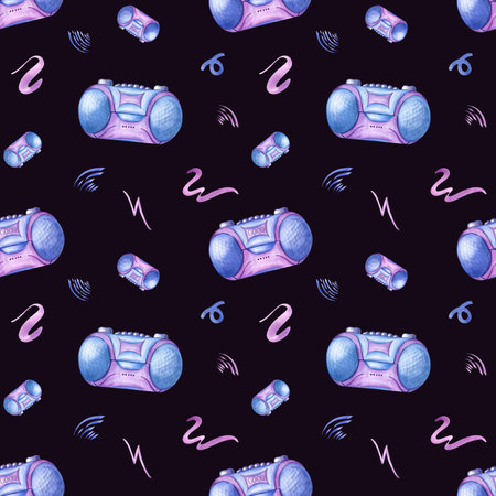 Cassette boombox player in 90s style. Seamless pattern of blue purple tape music recorder. Button stereo gadget, line doodle. Watercolor illustration isolated on black backgroundの写真素材