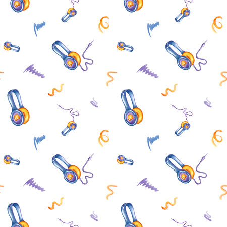 Blue yellow Earphones among wavy curves. Colored squiggle. Music equipment mobile device. Listen audio. Headphones. Earpieces for listening to music. Watercolor illustrationの写真素材