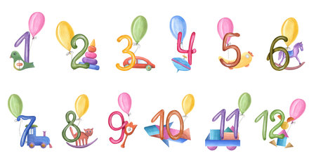 Numbers from 1 to 12 with kid wood toys and colors balloons. Wooden transport, tower, animal decorated balloon and number. Watercolor illustration for design of children's partyの写真素材