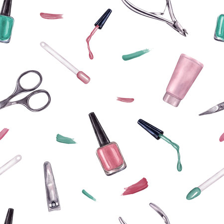 Manicure instruments with splashes. Nail pink, green polish, trimmer, cuticle scissors, clippers for nail treatment. Seamless pattern. Watercolor illustration for package, textileの写真素材