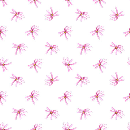 Pink magnolia flowers. Seamless pattern of spring flower heads. Delicate plants. Simple floral ornate. Watercolor illustration for wedding and birthday textile, package, scrapbookの写真素材