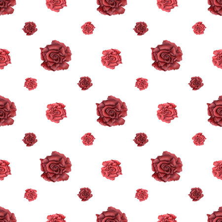 Rose heads. Deep red flowers. Seamless pattern of summer ruby plants. Realistic blooming scarlet roses. Simple ornate. Watercolor illustration for wedding design, memorial dayの写真素材