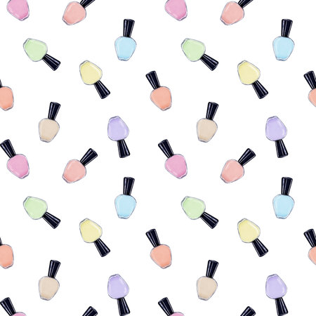 Bottles of multicolored nail polish. Seamless pattern of flying via in pastel colors. Nail care. Manicure and pedicure accessories. Watercolor illustration for package, textileの写真素材
