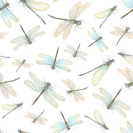 Abstract fluttering dragonflies. Seamless pattern with insects. Damselflies with golden wings. Levitation of flying animals. Watercolor illustration. For wedding designの写真素材