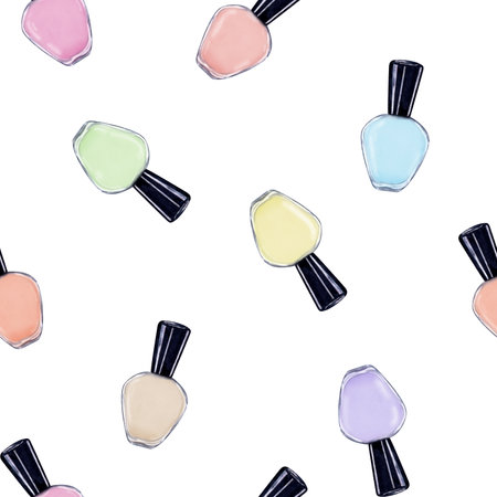 Nail polish Bottles in pastel colors. Seamless pattern of flying via. Nail cosmetic care. Manicure and pedicure accessories. Watercolor illustration isolated on white background. For package, textileの写真素材