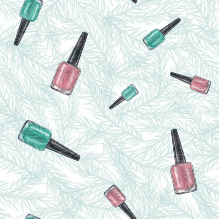Nail polish bottles on spruce branch background. Seamless pattern in fashion pink and mint colors. Levitation of manicure accessories and greenery. Watercolor illustrationの写真素材