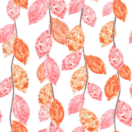 Autumn leaves pattern in pink and orange colors. Liana branches with vibrant leaves. Seamless ornate with leaf twigs hanging down. Watercolor illustration for room decor, textileの写真素材