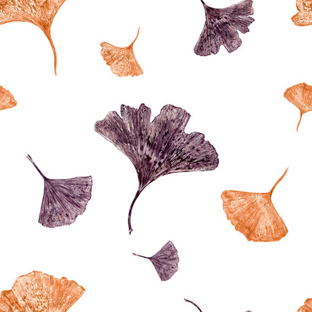 Colorful Autumn leaves. Copper and gold gingko leaf silhouettes. Dried abstract fan leaves. Fall season seamless pattern. Watercolor illustration. For various nature themed designsの写真素材