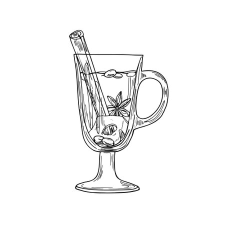 Hot Christmas beverage in glass cup with apple slice, berries, cinnamon stick, star anise vector isolated illustration. Hand drawn monochrome drink painted by black inks. For holiday menu decorのイラスト素材