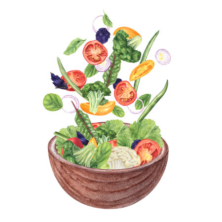 Flying chopped salad vegetable ingredients watercolor illustration Red, yellow tomatoes, broccoli, cauliflower, onions, beans, and green herb leaves. Healthy vegetarian bowl for menu, recipe design.の写真素材