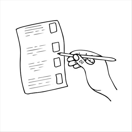 Hand holds pen and marks on planner or business organizer vector sketch in black and white graphic. To do list or questionnaire illustration. For web sites, apps, stores. Concept of survey, quizのイラスト素材