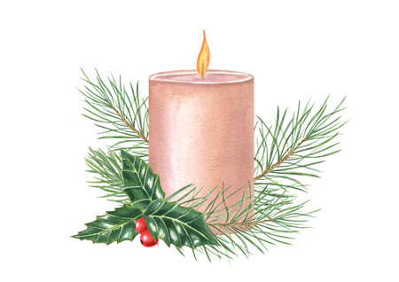 Christmas burning candle with red holly berries and green fir branches watercolor illustration. Paraffin wax candle with winter evergreen for New Year holiday greeting cards in vintage styleの写真素材