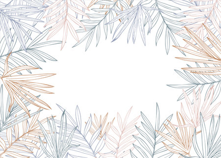 Vector dypsis, areca palm or Cycas leaves in gray brown colors horizontal frame. Tropical monochrome tree leaf silhouette floral line art black ink border with copy space for text. For greeting card.のイラスト素材