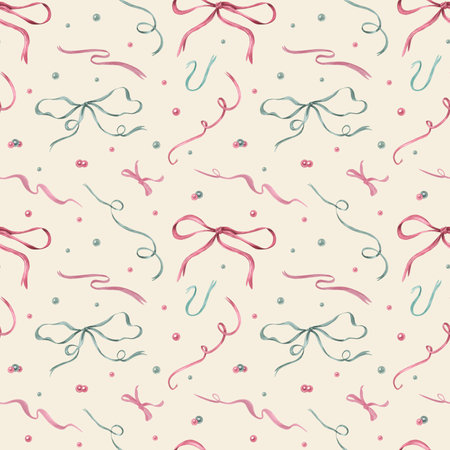 Watercolor flying pink and green satin bows, ribbons, pearl beads seamless pattern on beige background. Decorative accessories illustration for Mother day, Valentine day package, wrapping paper.の写真素材