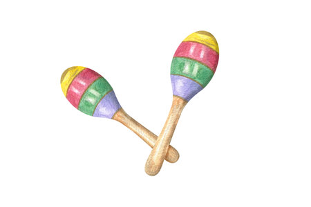 Two maracas with colorful striped ornaments watercolor illustration. Musical percussion instrument for Cinco de mayo greeting cards, Mardi Gras, Brazilian carnival invitation designの写真素材
