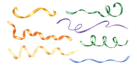 Set of colored curly ribbons clip art watercolor illustration. Blue, yellow, golden, blue ribbons. Festive holiday additional element clip art for wrapping gift box, birthday invitation cardの写真素材